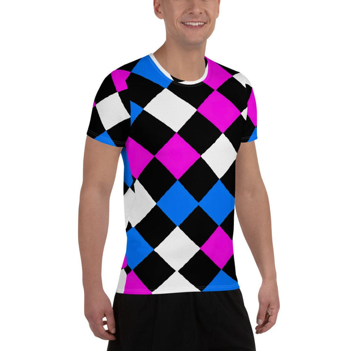 Mens Stretch Fit Athletic Sports T-shirt - Pink Blue Checkered Pattern