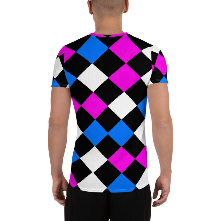 Mens Stretch Fit Athletic Sports T-shirt - Pink Blue Checkered Pattern