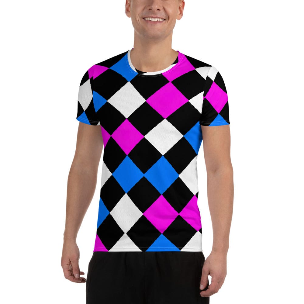 Mens Stretch Fit Athletic Sports T-shirt - Pink Blue Checkered Pattern