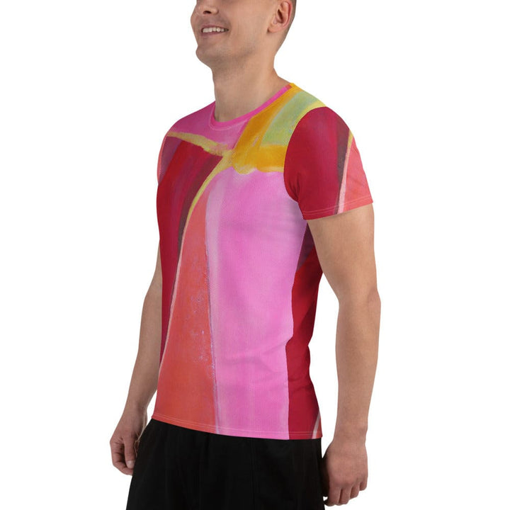 Mens Stretch Fit Athletic Sports T-shirt - Pink Mauve Red Geometric
