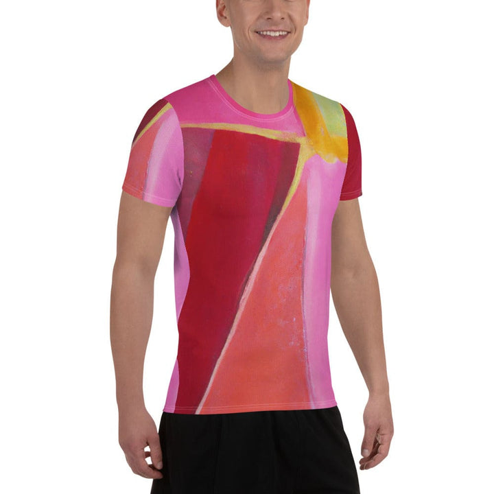 Mens Stretch Fit Athletic Sports T-shirt - Pink Mauve Red Geometric