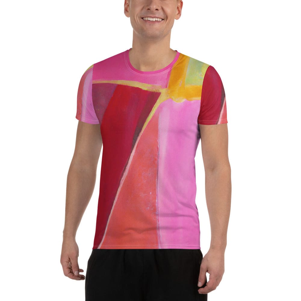 Mens Stretch Fit Athletic Sports T-shirt - Pink Mauve Red Geometric