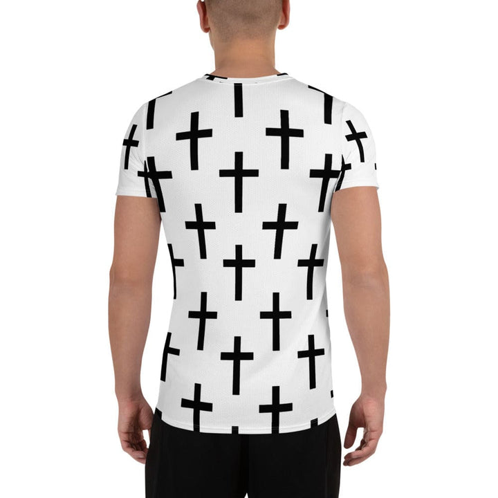 Mens Stretch Fit Athletic Sports T-shirt - White Black Cross Print