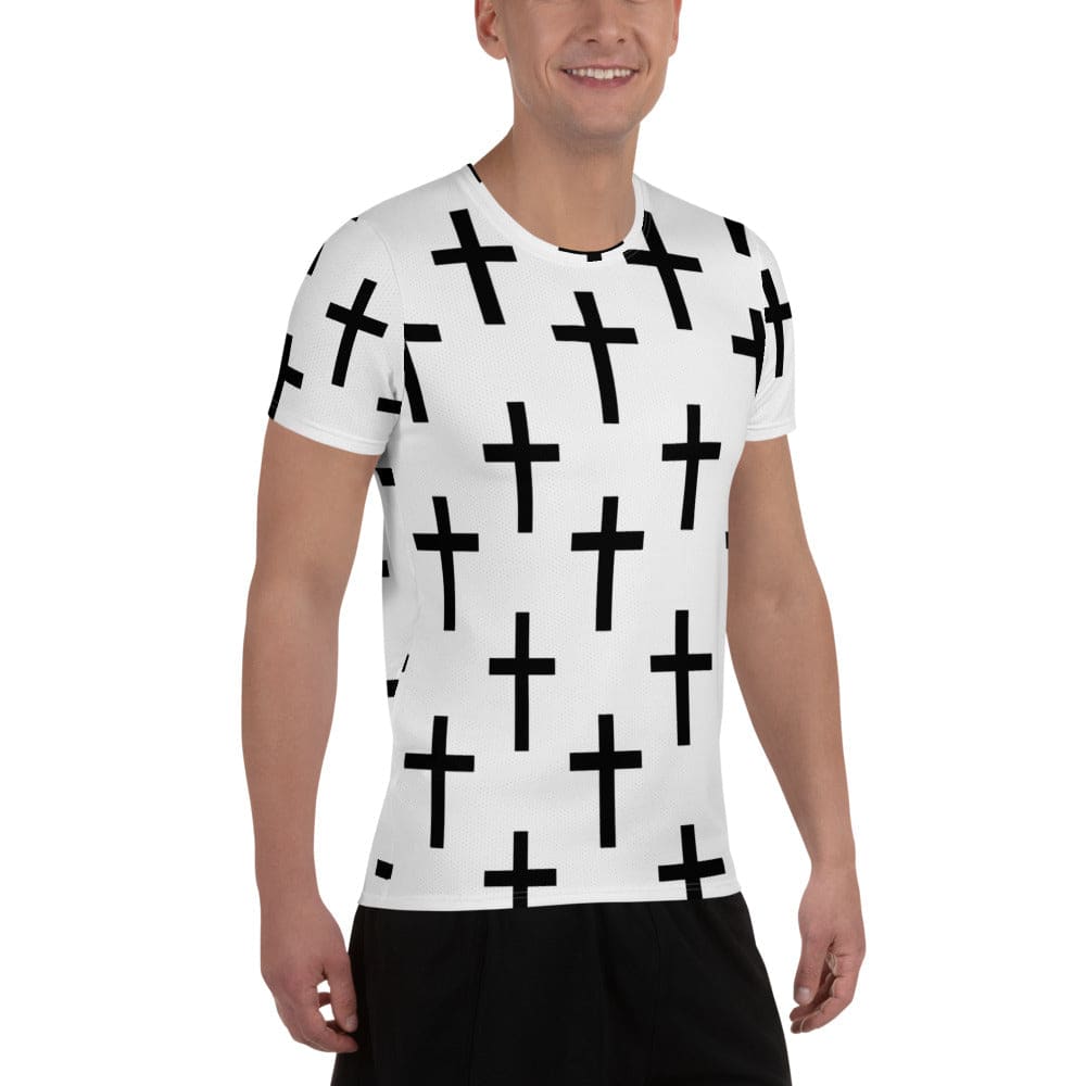 Mens Stretch Fit Athletic Sports T-shirt - White Black Cross Print