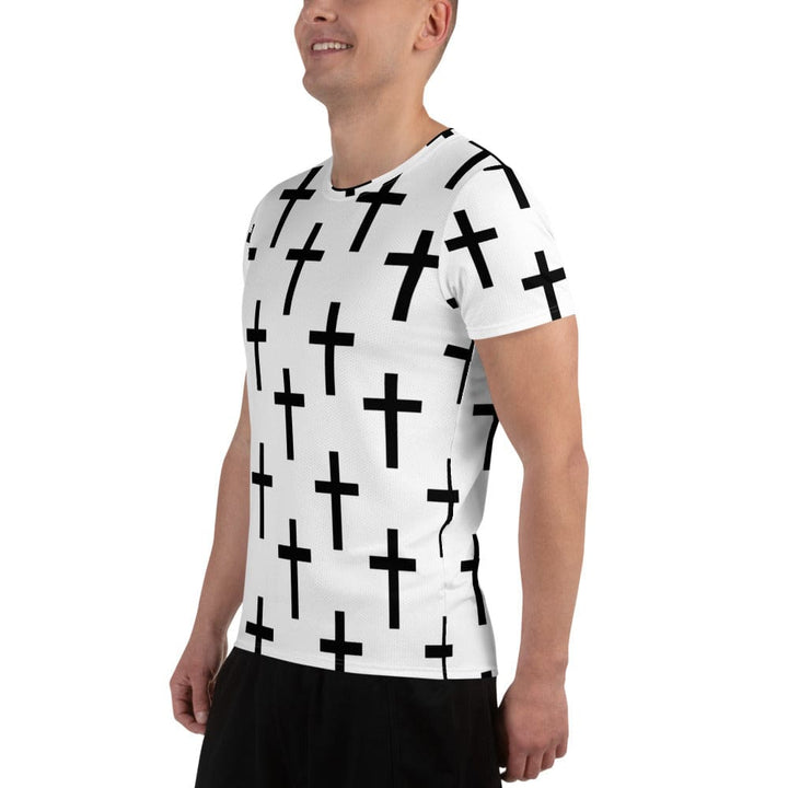 Mens Stretch Fit Athletic Sports T-shirt - White Black Cross Print