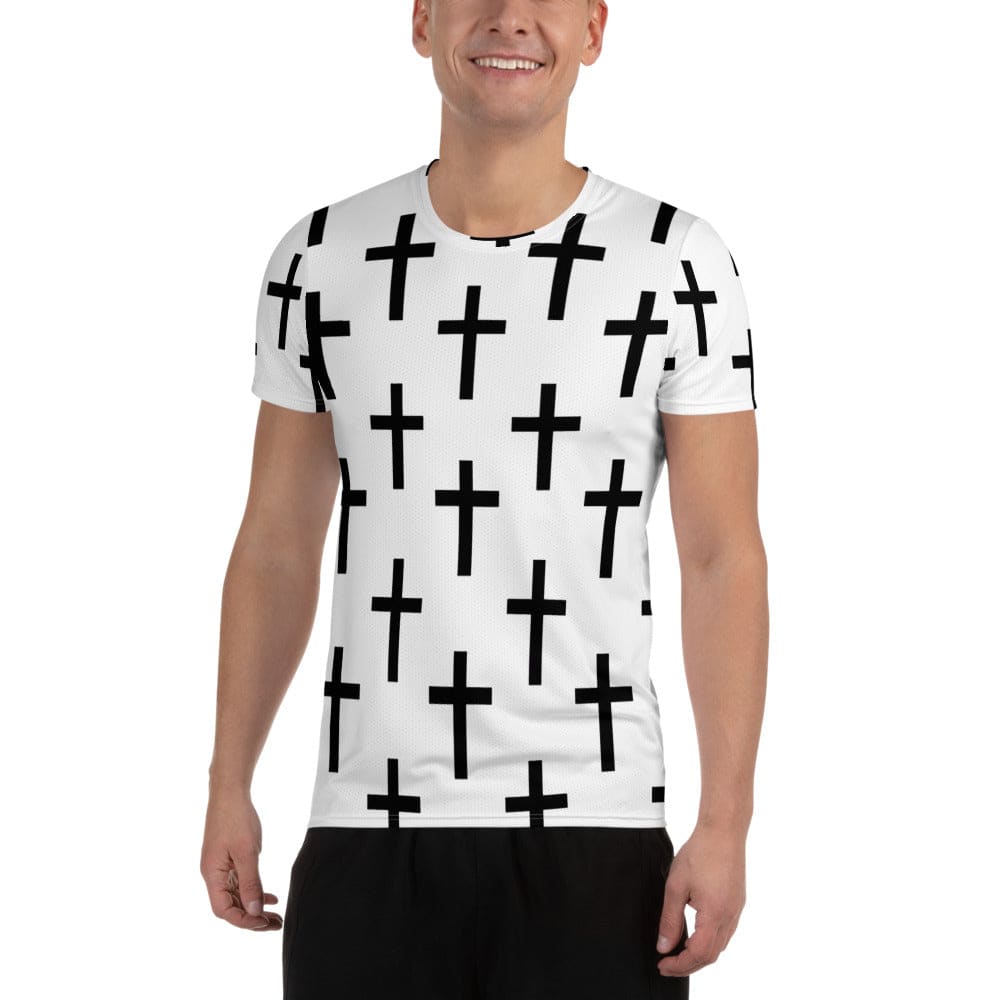 Mens Stretch Fit Athletic Sports T-shirt - White Black Cross Print