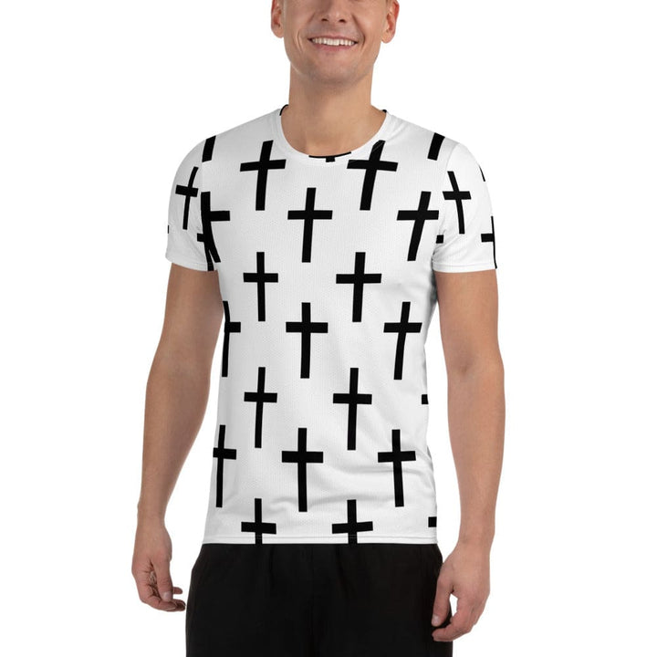 Mens Stretch Fit Athletic Sports T-shirt - White Black Cross Print