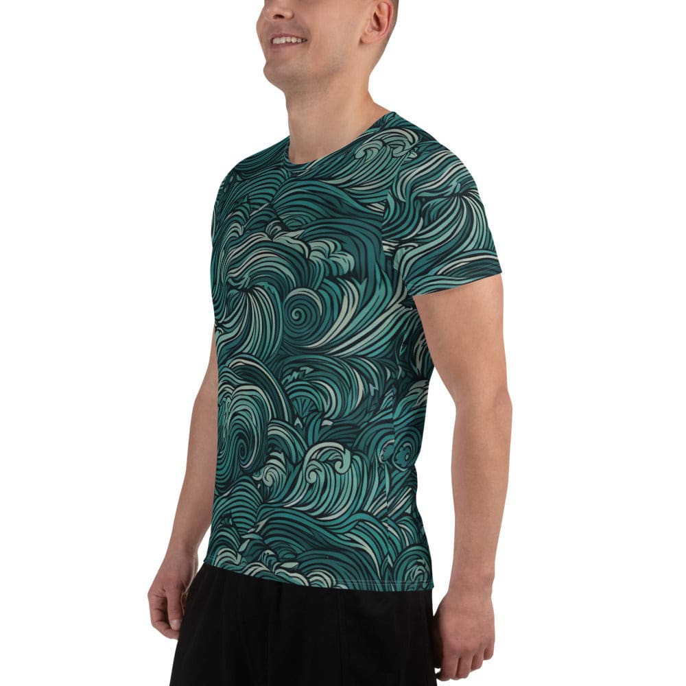 Mens Stretch Fit Athletic Sports T-shirt - Mint Green Water Wave Print