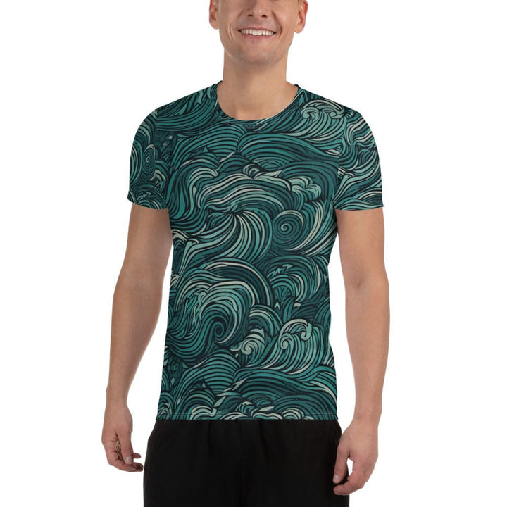 Mens Stretch Fit Athletic Sports T-shirt - Mint Green Water Wave Print