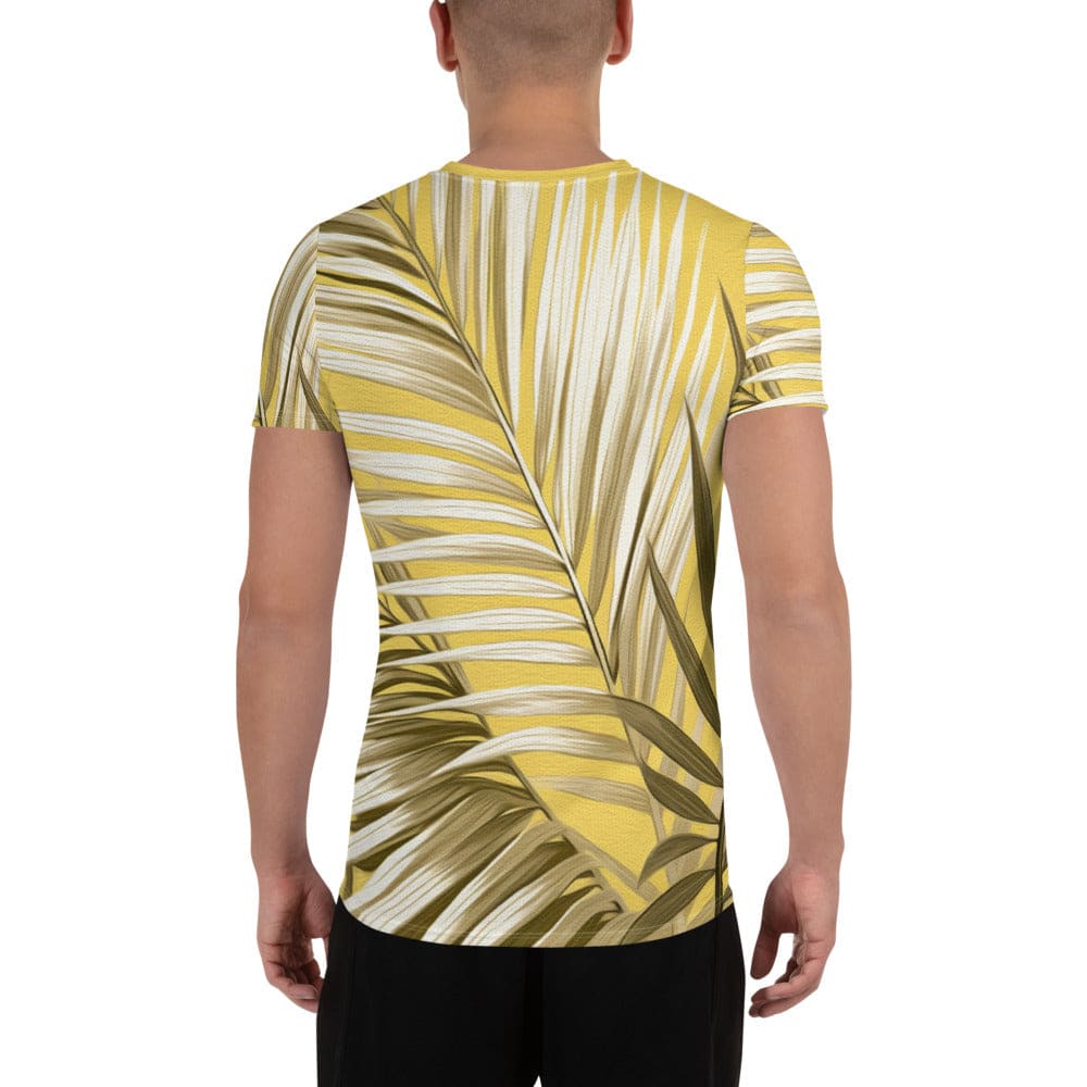 Mens Stretch Fit Athletic Sports T-shirt - White Brown Palm Leaves