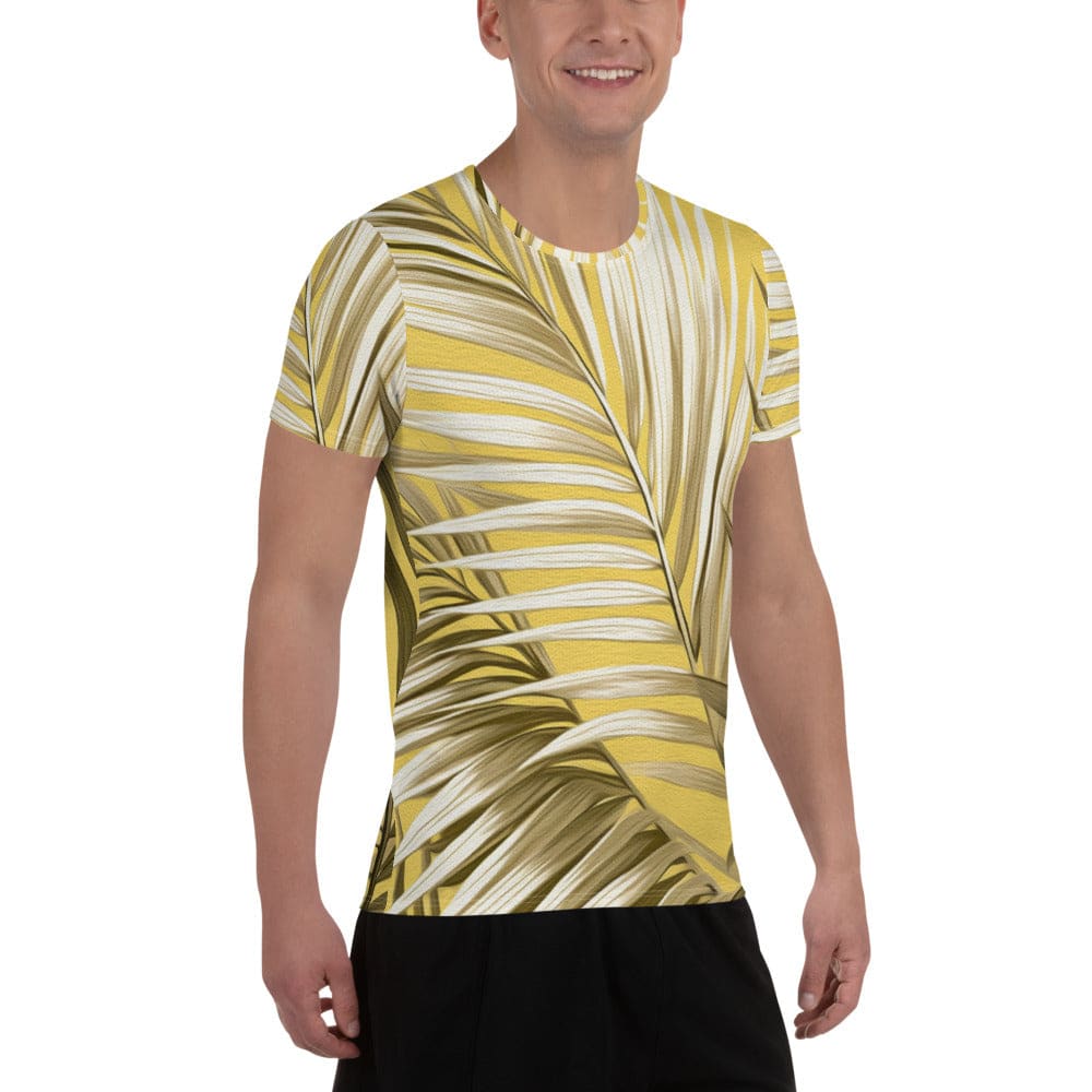 Mens Stretch Fit Athletic Sports T-shirt - White Brown Palm Leaves