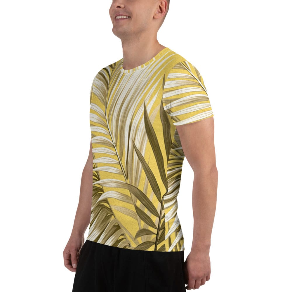 Mens Stretch Fit Athletic Sports T-shirt - White Brown Palm Leaves