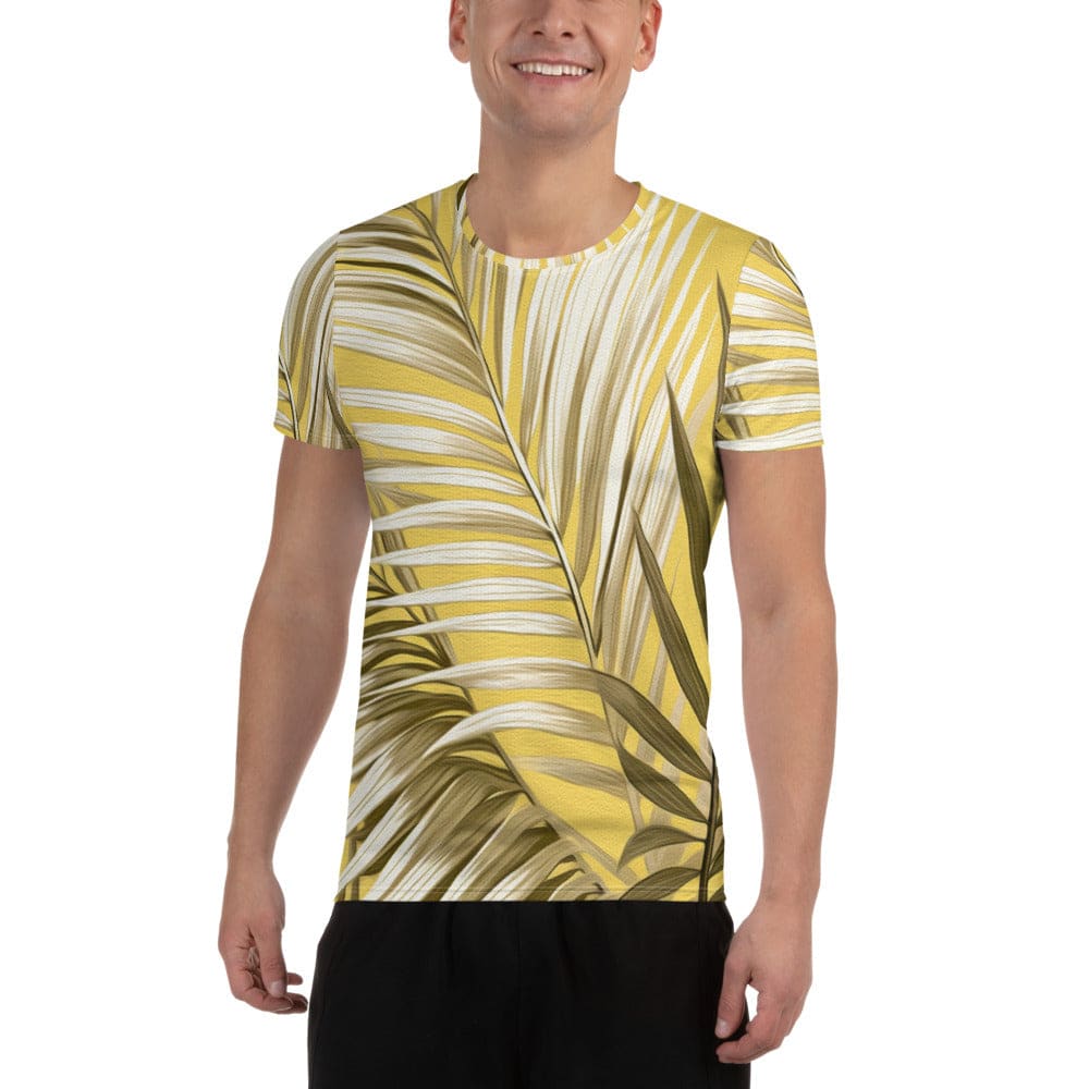 Mens Stretch Fit Athletic Sports T-shirt - White Brown Palm Leaves