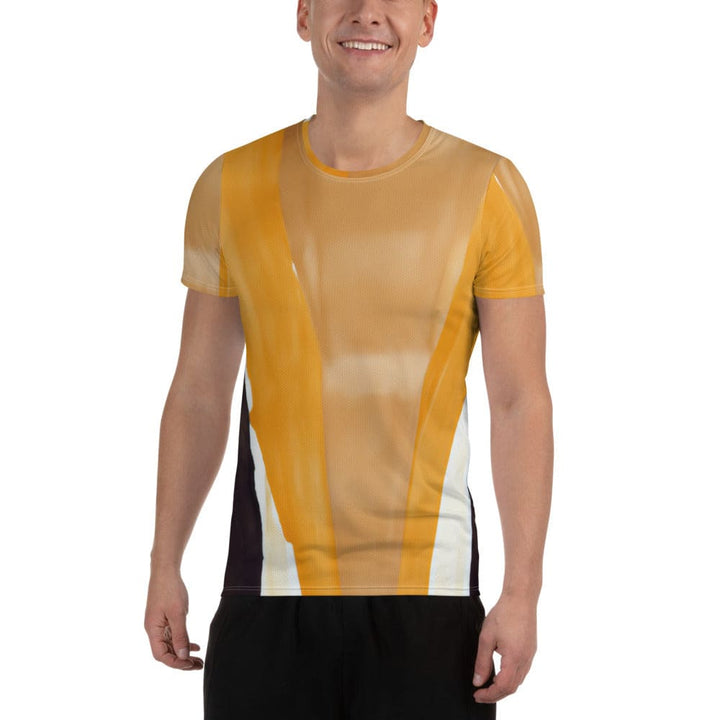Mens Stretch Fit Athletic Sports T-shirt - Yellow Brown Abstract