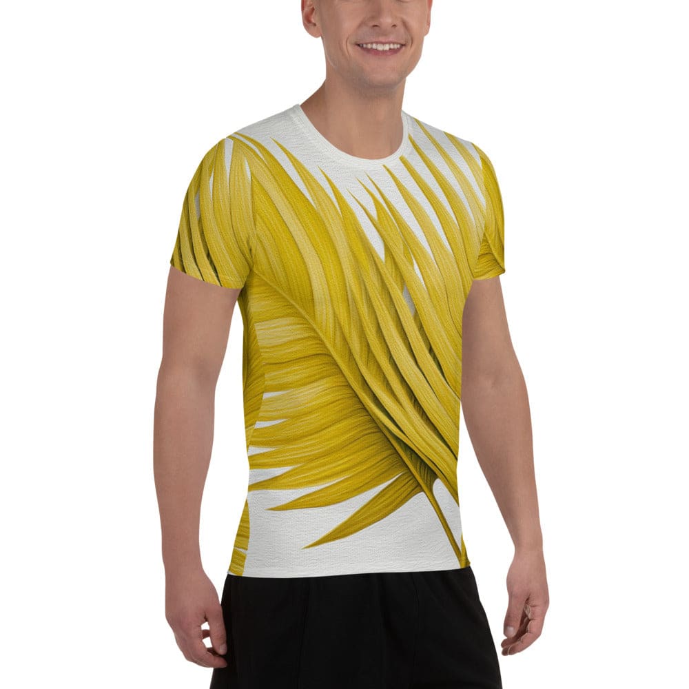 Mens Stretch Fit Athletic Sports T-shirt - Yellow Palm Leaves