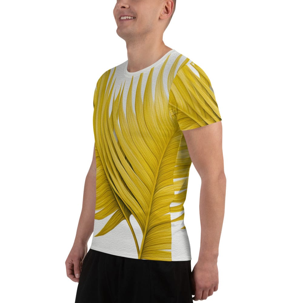 Mens Stretch Fit Athletic Sports T-shirt - Yellow Palm Leaves