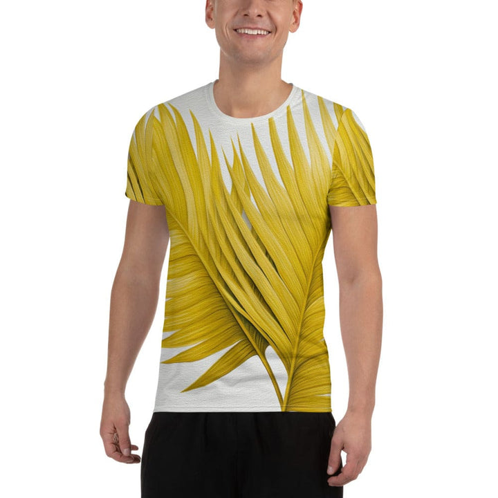 Mens Stretch Fit Athletic Sports T-shirt - Yellow Palm Leaves