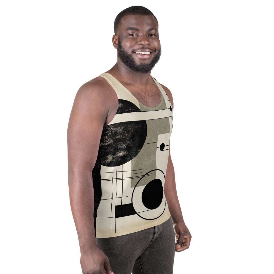 Mens Stretch Fit Tank Top Abstract Black Beige Brown Geometric Shapes