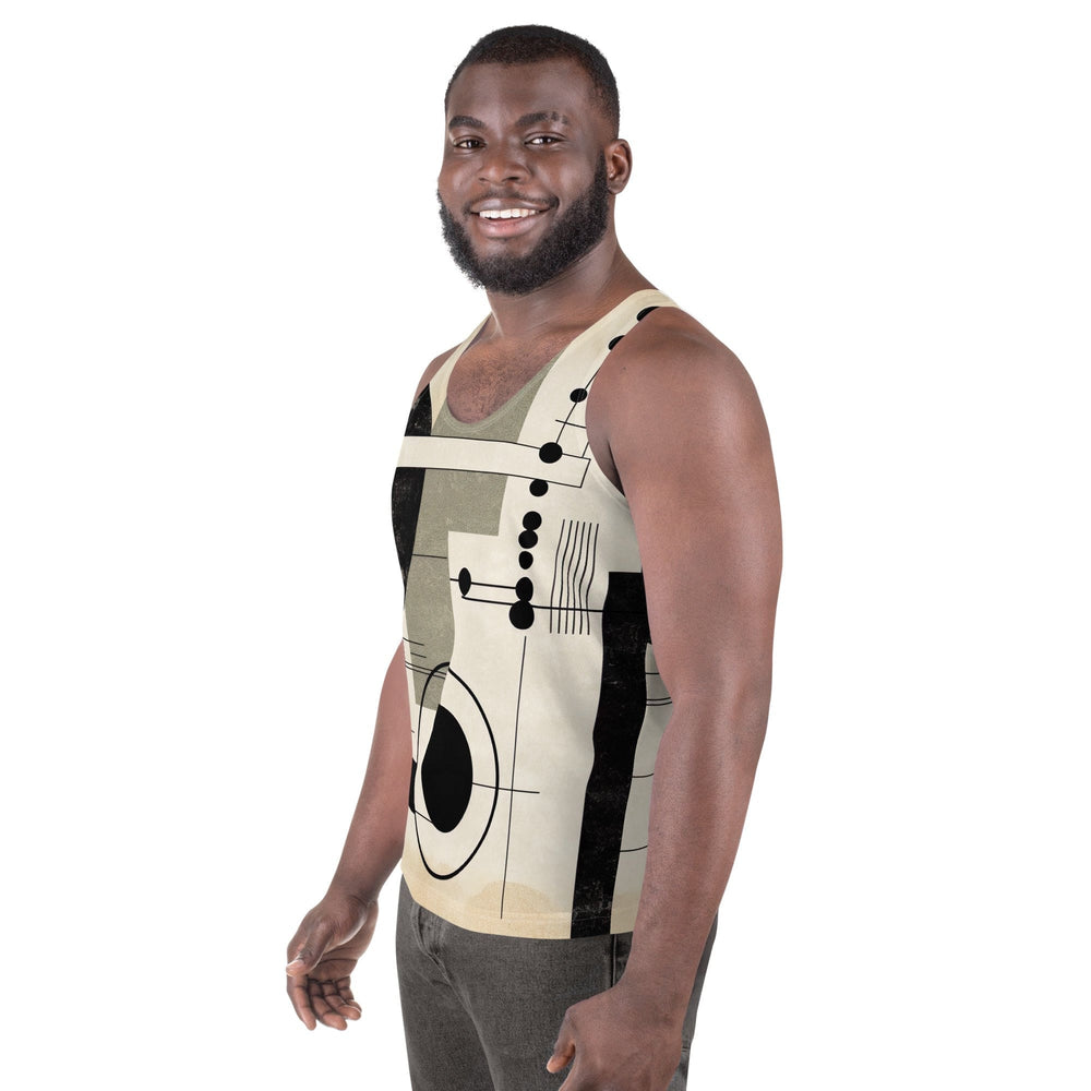 Mens Stretch Fit Tank Top Abstract Black Beige Brown Geometric Shapes