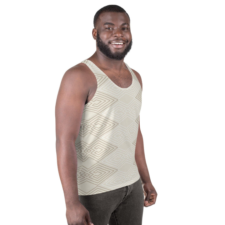Mens Stretch Fit Tank Top Beige And White Tribal Geometric Aztec