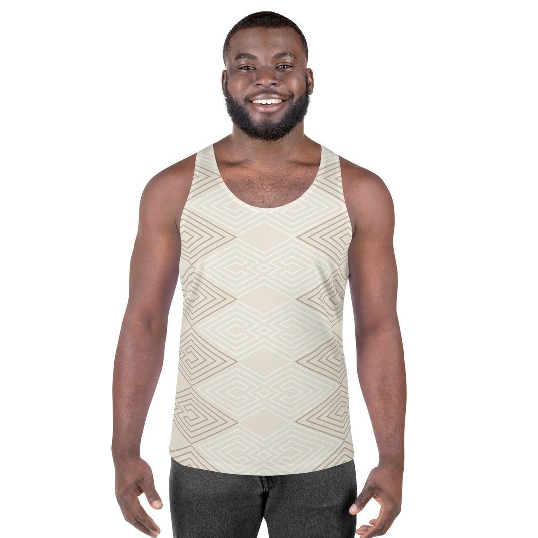 Mens Stretch Fit Tank Top Beige And White Tribal Geometric Aztec