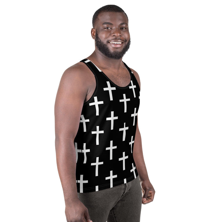 Mens Stretch Fit Tank Top Black White Cross Print - Mens | Tank Tops | AOP