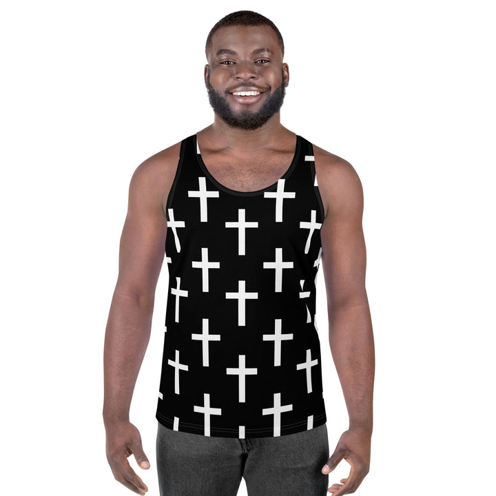 Mens Stretch Fit Tank Top Black White Cross Print - Mens | Tank Tops | AOP