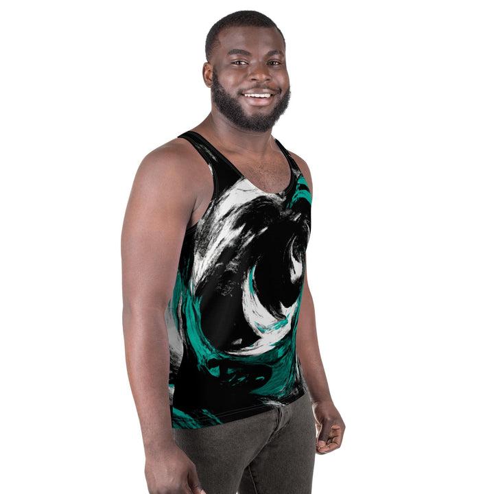 Mens Stretch Fit Tank Top Black Green White Abstract Pattern