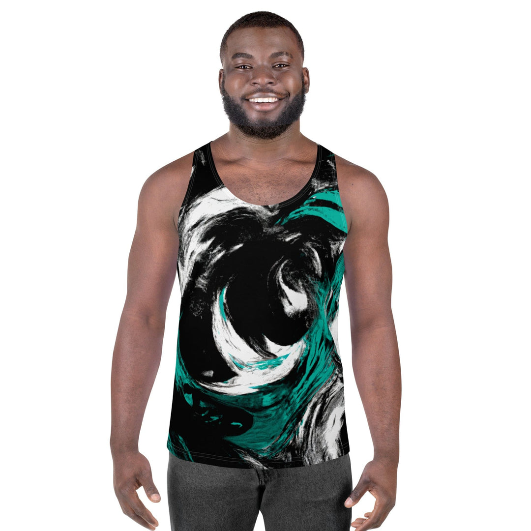 Mens Stretch Fit Tank Top Black Green White Abstract Pattern