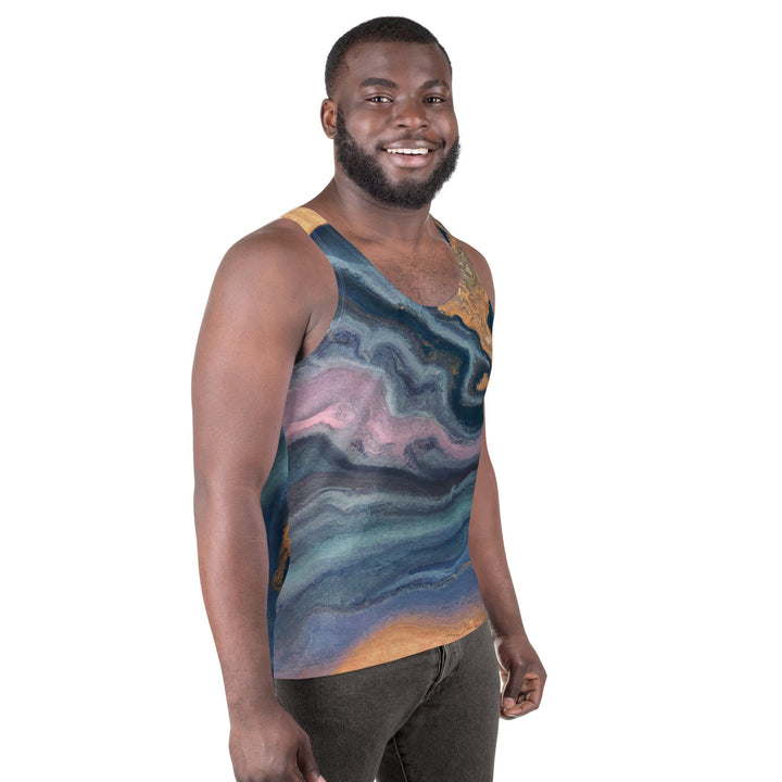 Mens Stretch Fit Tank Top Blue Pink Gold Abstract Marble Swirl