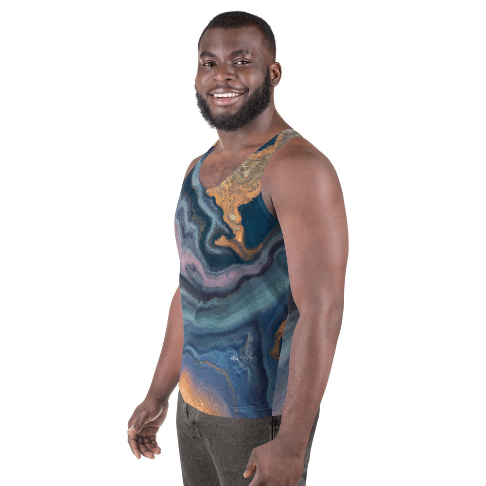 Mens Stretch Fit Tank Top Blue Pink Gold Abstract Marble Swirl