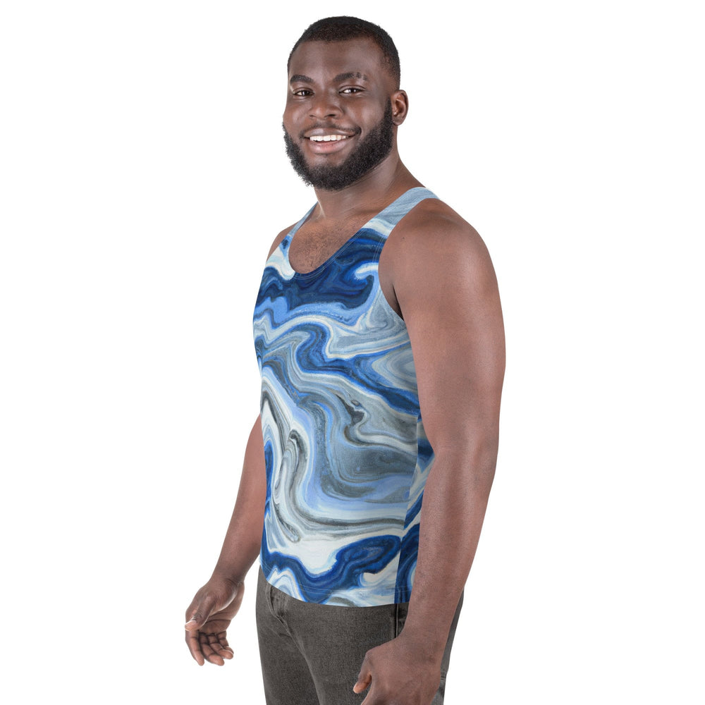 Mens Stretch Fit Tank Top Blue White Grey Marble Pattern