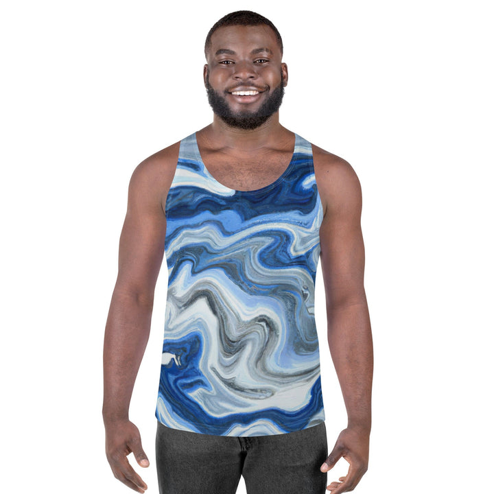Mens Stretch Fit Tank Top Blue White Grey Marble Pattern