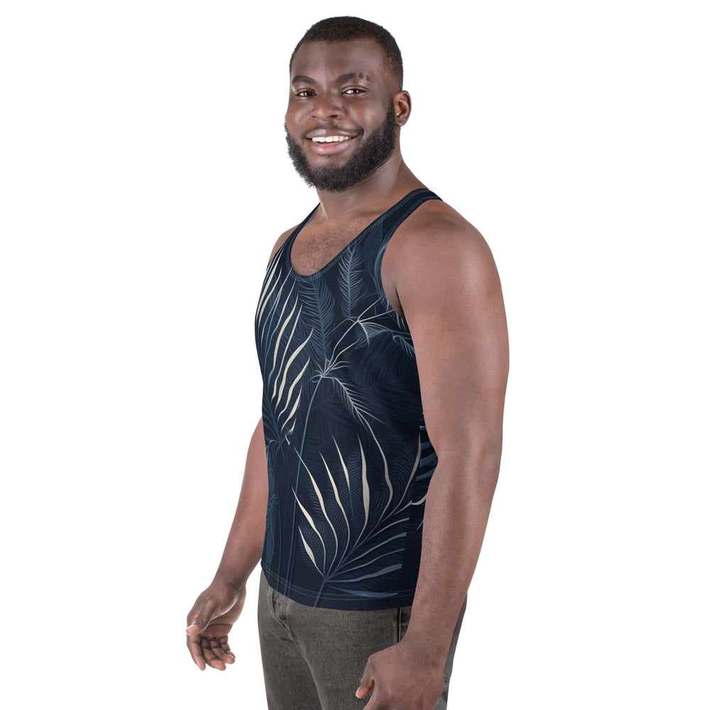 Mens Stretch Fit Tank Top Blue White Palm Leaves
