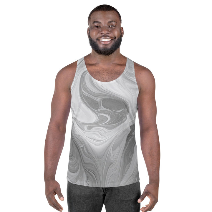 Mens Stretch Fit Tank Top Boho Marble Pattern White And Grey