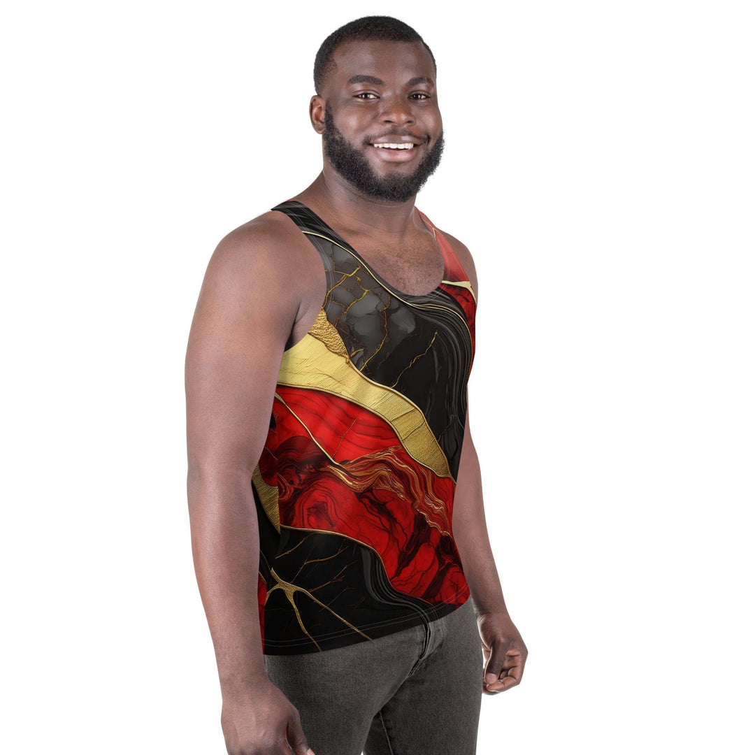 Mens Stretch Fit Tank Top Brick Red Pattern Black And Gold Marble