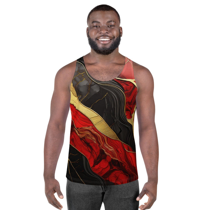 Mens Stretch Fit Tank Top Brick Red Pattern Black And Gold Marble
