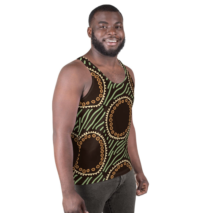 Mens Stretch Fit Tank Top Brown Green Geometric Lines - Mens | Tank Tops | AOP