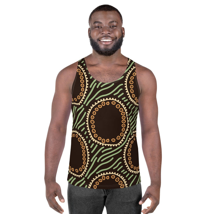 Mens Stretch Fit Tank Top Brown Green Geometric Lines - Mens | Tank Tops | AOP