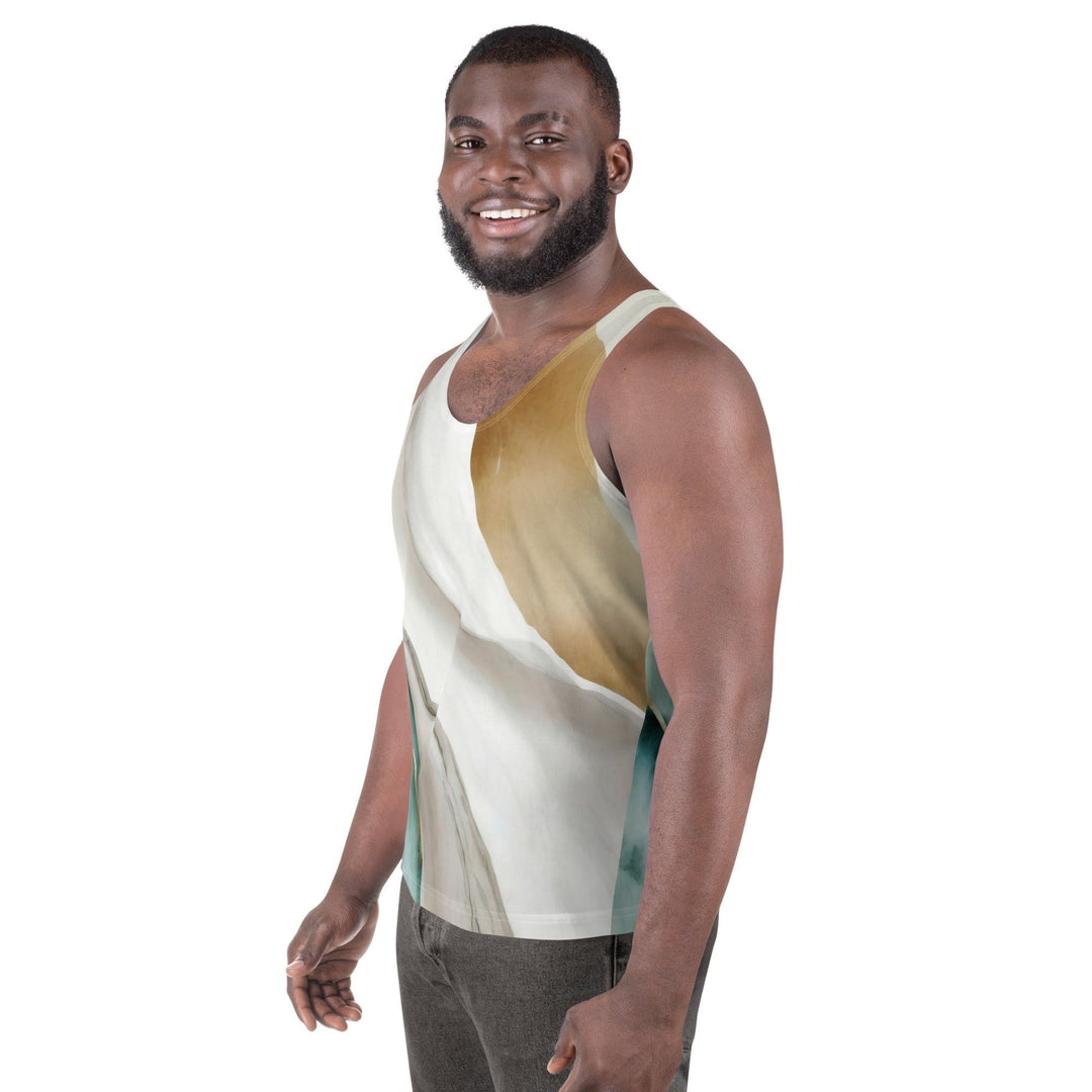 Mens Stretch Fit Tank Top Cream White Green Marbled Print