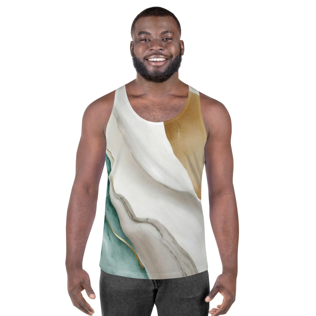 Mens Stretch Fit Tank Top Cream White Green Marbled Print