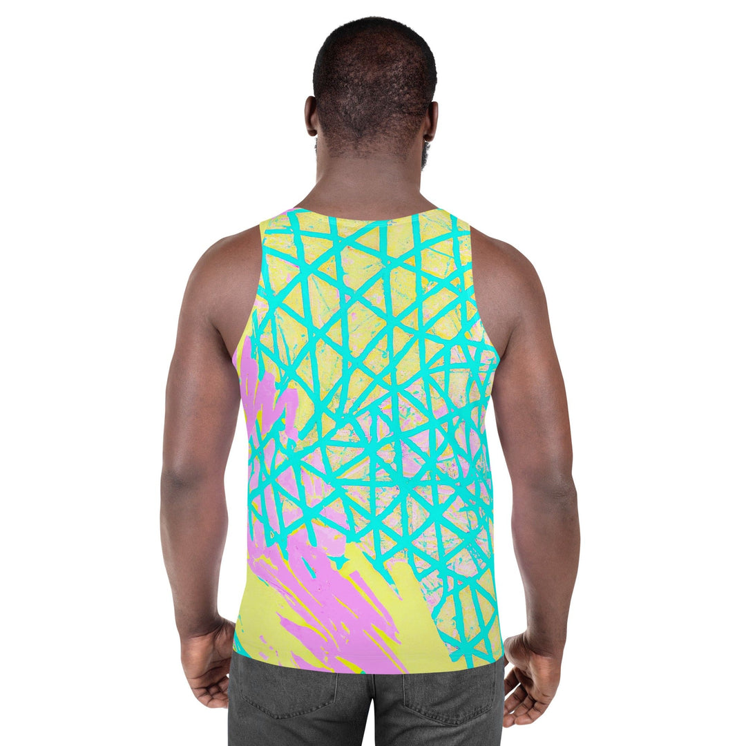 Mens Stretch Fit Tank Top Cyan Blue Lime Green And Pink Pattern