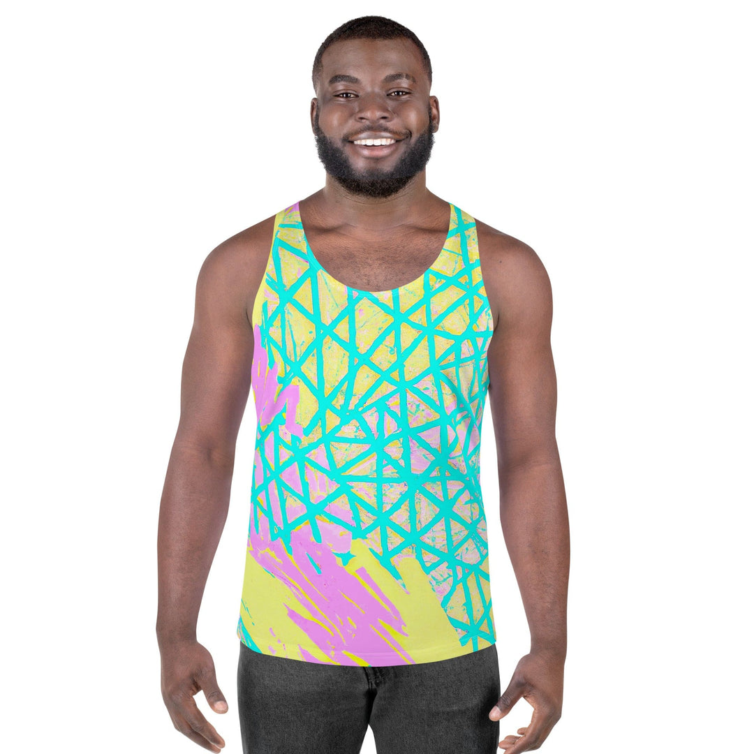 Mens Stretch Fit Tank Top Cyan Blue Lime Green And Pink Pattern