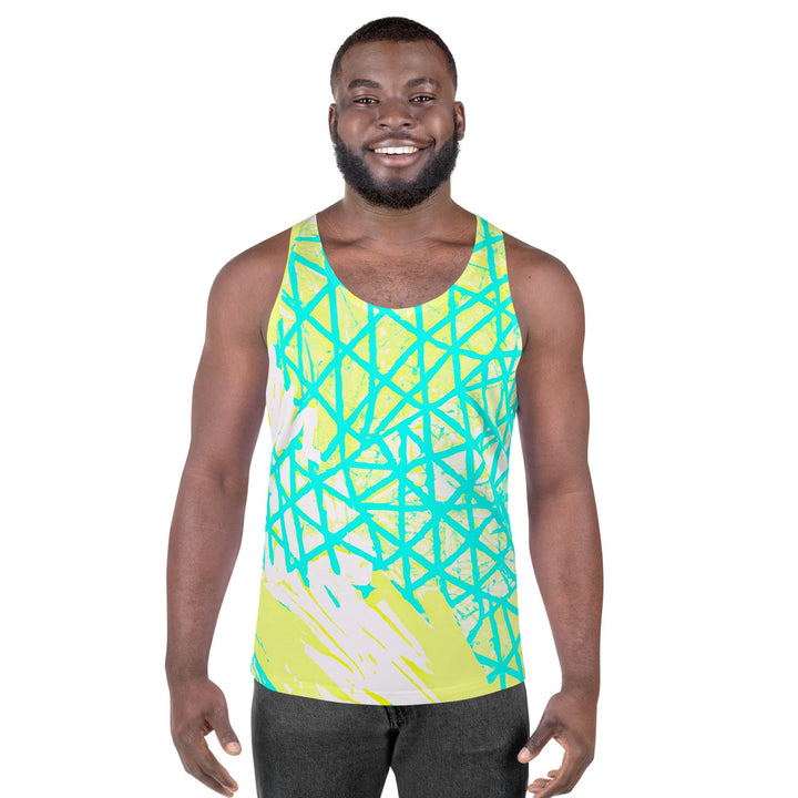 Mens Stretch Fit Tank Top Cyan Blue Lime Green And White Pattern