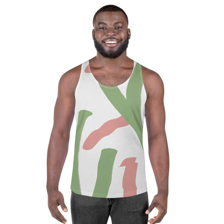 Mens Stretch Fit Tank Top Green Mauve Abstract Brush Stroke Pattern - Mens