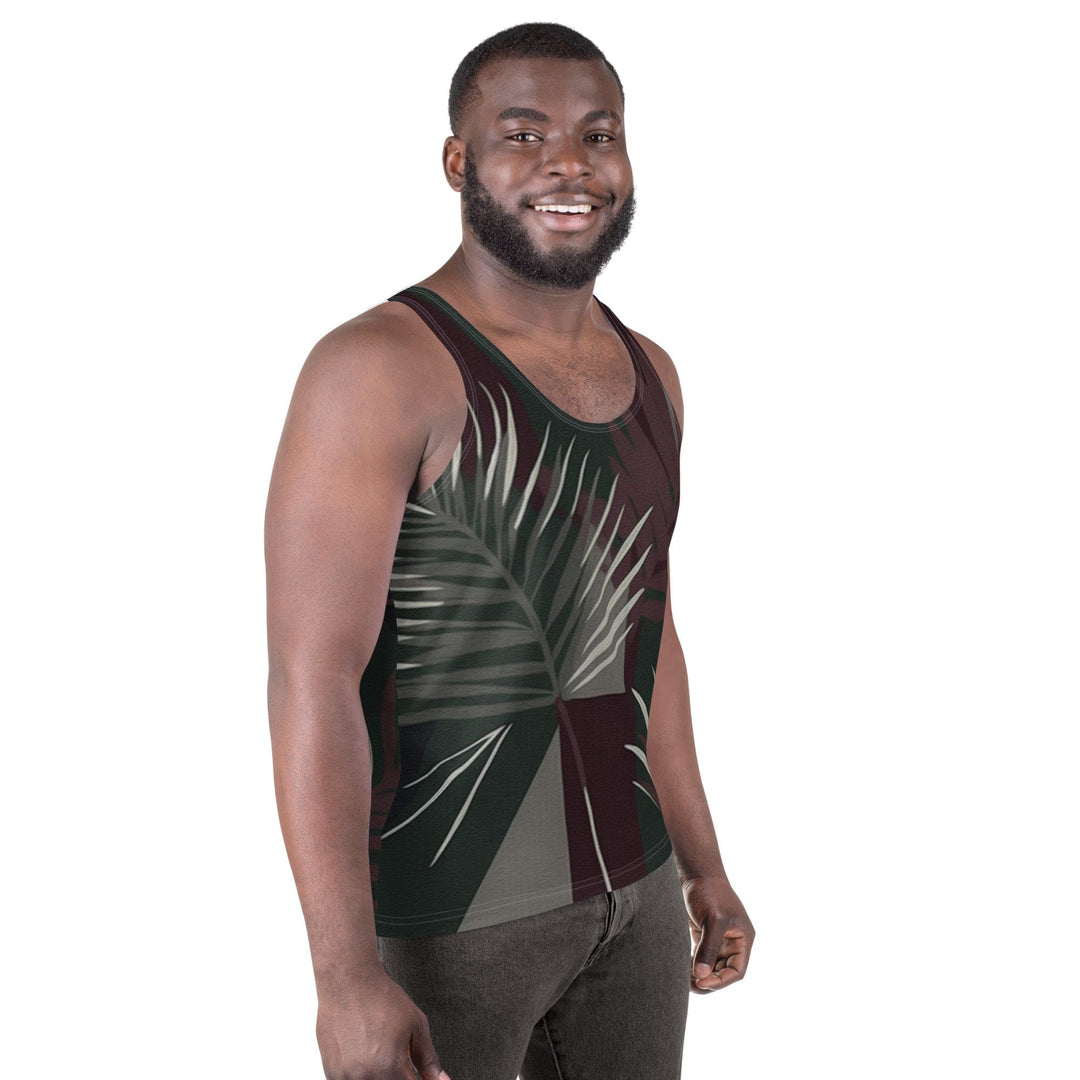 Mens Stretch Fit Tank Top Palm Tree Leaves Maroon Green Background