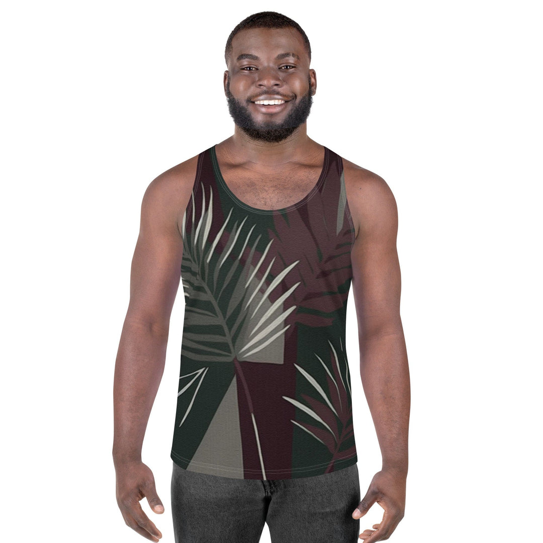 Mens Stretch Fit Tank Top Palm Tree Leaves Maroon Green Background
