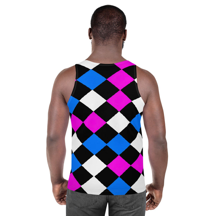 Mens Stretch Fit Tank Top Pink Blue Checkered Pattern