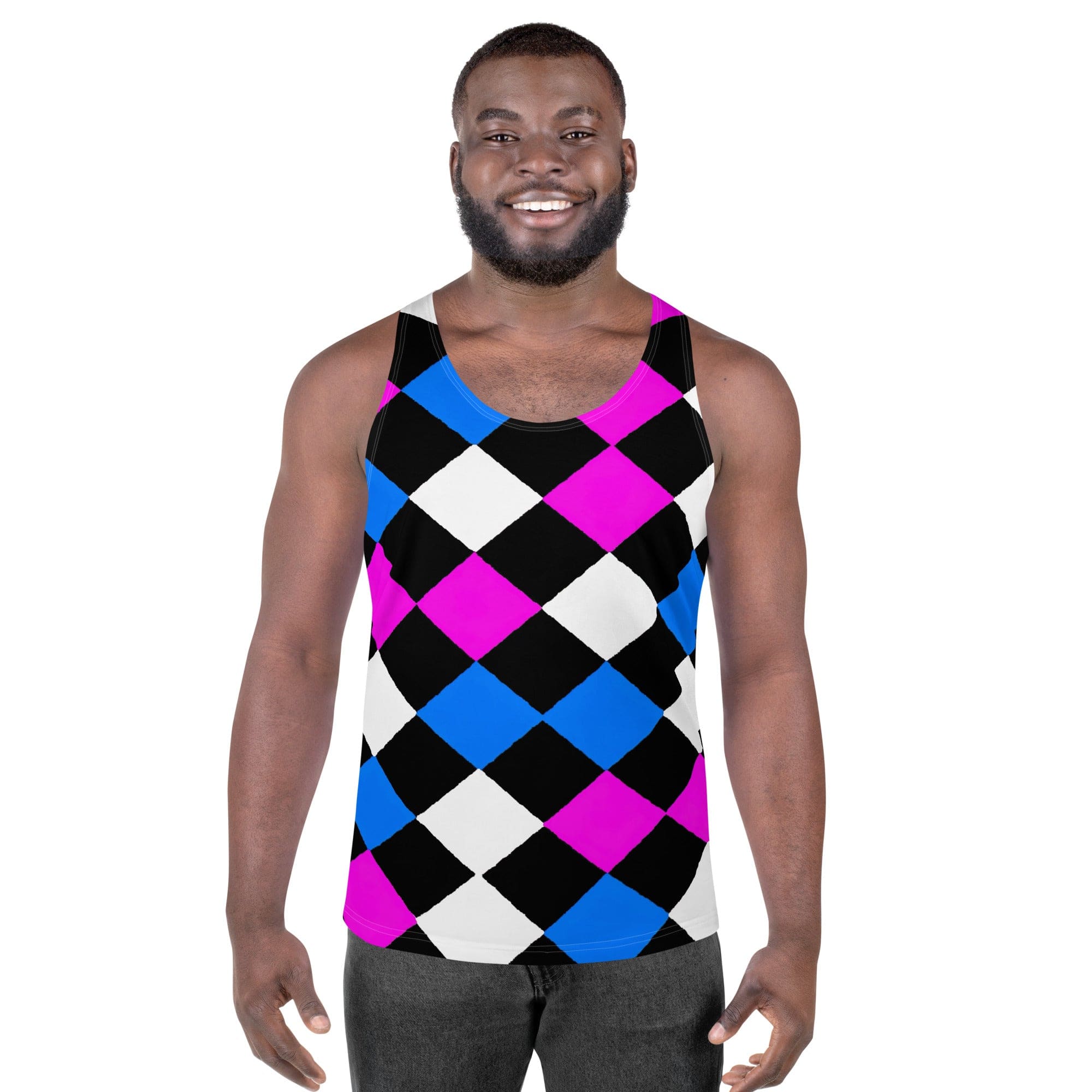Mens Stretch Fit Tank Top - Pink Blue Checkered Pattern – inQue.Style
