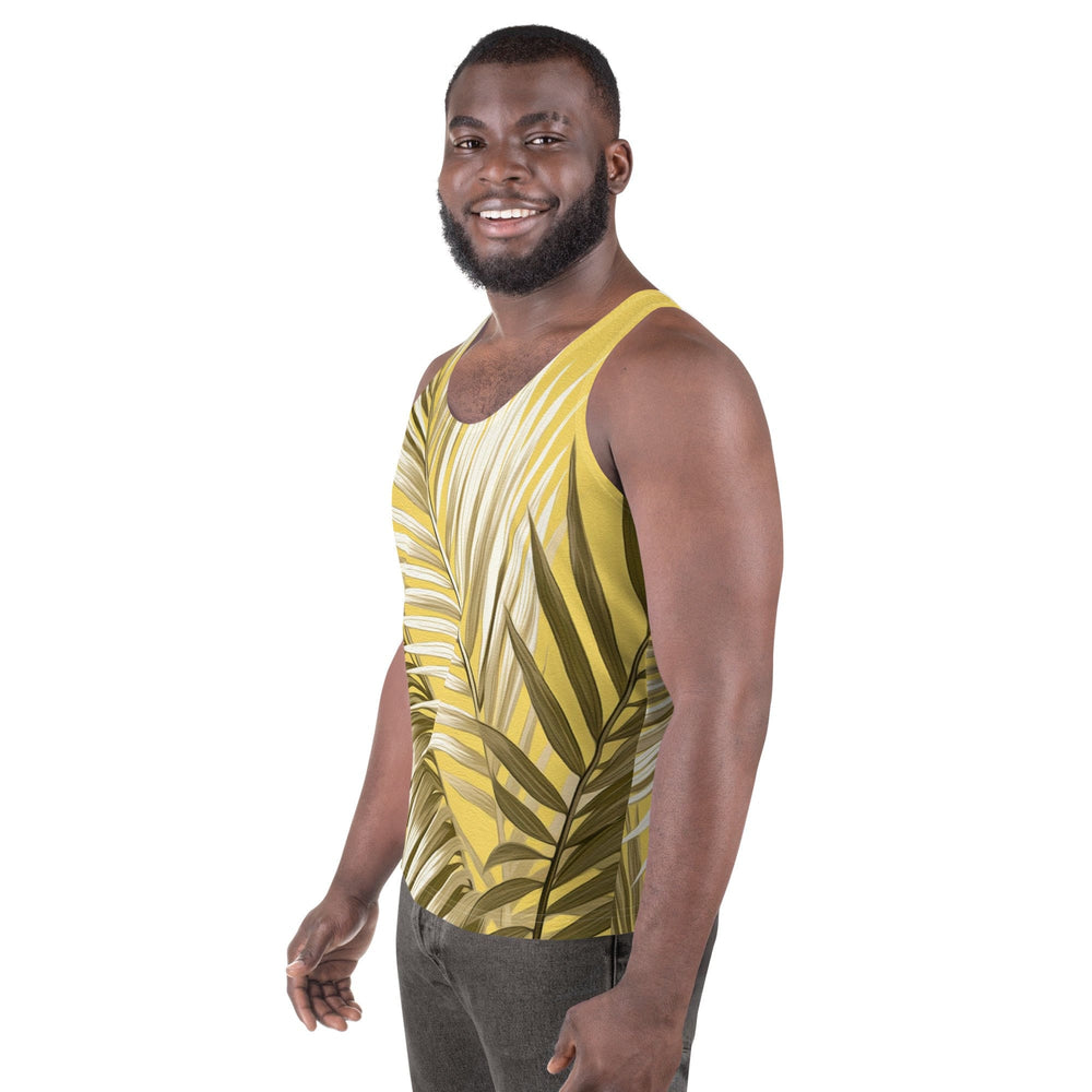 Mens Stretch Fit Tank Top White Brown Palm Leaves